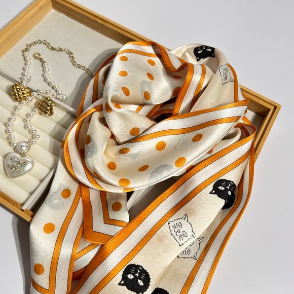 Cats & Polka Dots Orange & White Double-Layer Pure Silk Skinny Scarf - Picture 5 of 6
